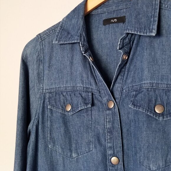 Ruti Chambray Denim Shirt Dress Hemp Organic Cotton Snap Button Frayed Hem Blue - Picture 10 of 16